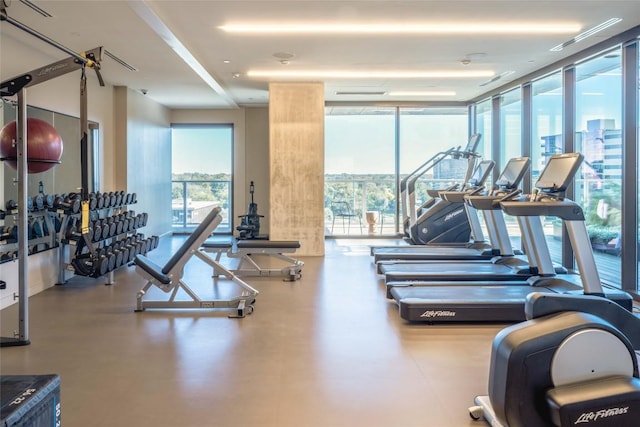 gym with a wall of windows