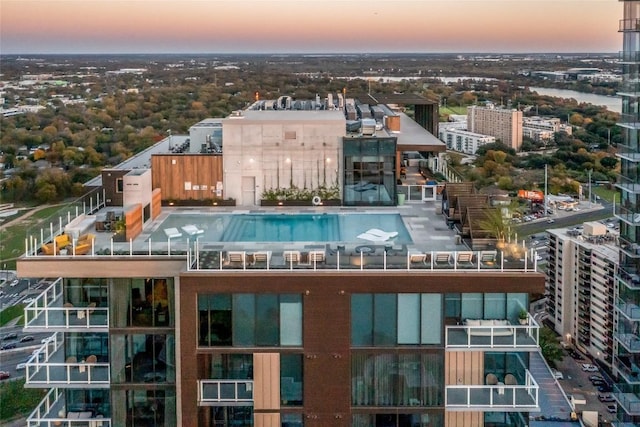 view of aerial view at dusk