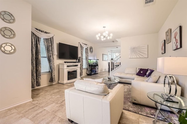 living room featuring a chandelier