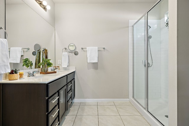 bathroom featuring tile patterned flooring, vanity, and a shower with shower door