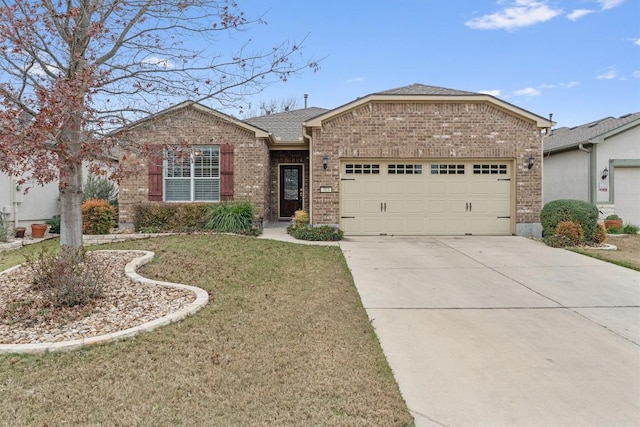 single story home with a garage, brick siding, driveway, and a shingled roof