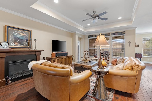 living room featuring ornamental molding, a tray ceiling, ceiling fan, and dark wood-type flooring