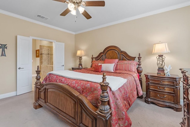 bedroom with crown molding, visible vents, and light colored carpet