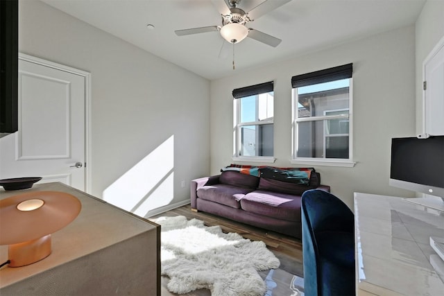 office space featuring ceiling fan and wood-type flooring