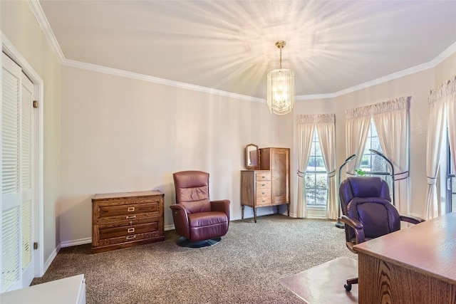 carpeted office space with a chandelier and ornamental molding