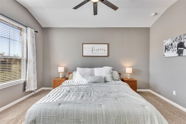 bedroom with carpet, ceiling fan, and lofted ceiling