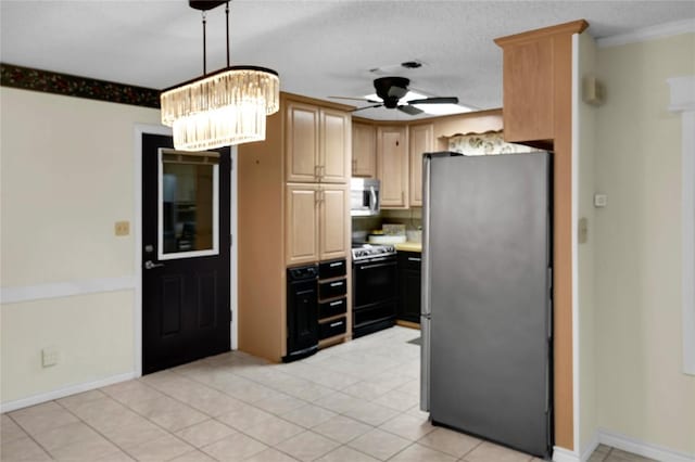 kitchen featuring appliances with stainless steel finishes, light brown cabinetry, ceiling fan with notable chandelier, crown molding, and light tile patterned flooring