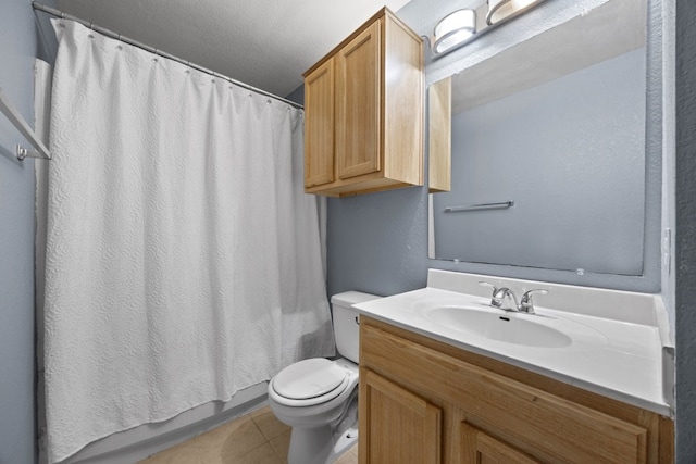 full bathroom featuring tile patterned floors, a textured ceiling, vanity, shower / bathtub combination with curtain, and toilet