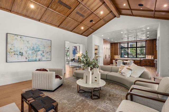 living room featuring light hardwood / wood-style floors, wood ceiling, beam ceiling, and high vaulted ceiling