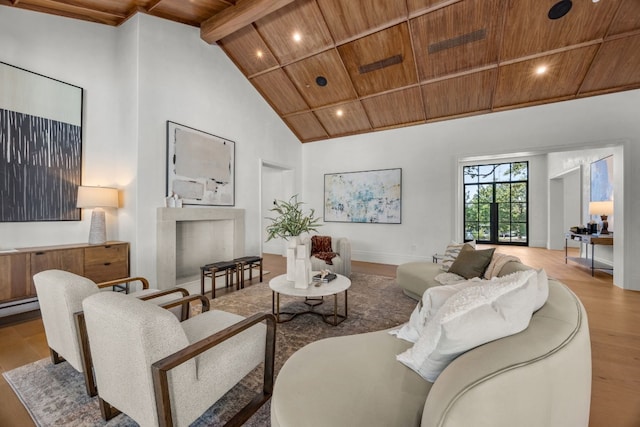 living room featuring beam ceiling, a baseboard radiator, high vaulted ceiling, light hardwood / wood-style floors, and wood ceiling