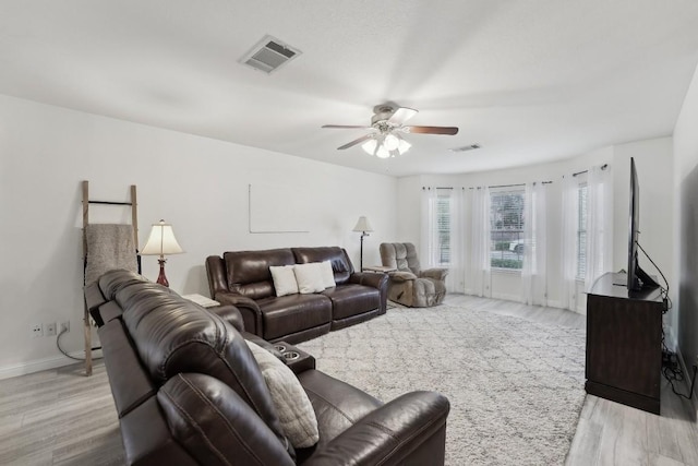 living room featuring ceiling fan and light hardwood / wood-style floors