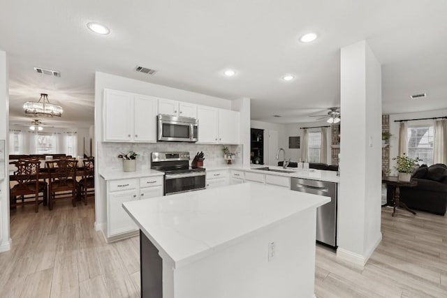 kitchen featuring white cabinetry, kitchen peninsula, sink, and appliances with stainless steel finishes