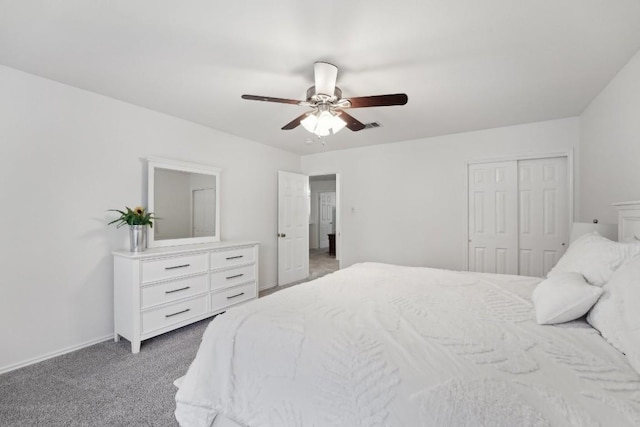 bedroom featuring dark colored carpet, ceiling fan, and a closet