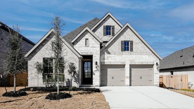 french country style house featuring fence, driveway, roof with shingles, stone siding, and a garage