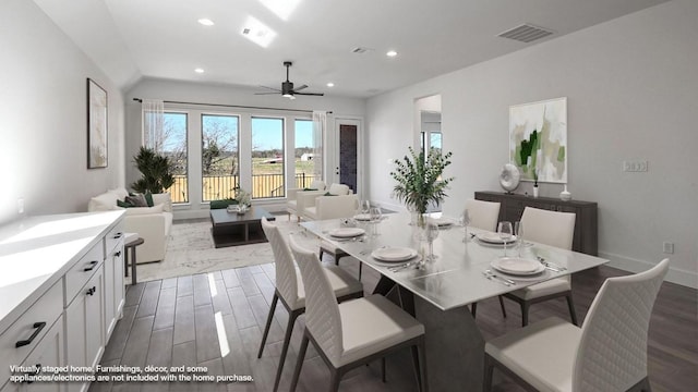 dining area featuring visible vents, wood finished floors, recessed lighting, baseboards, and ceiling fan