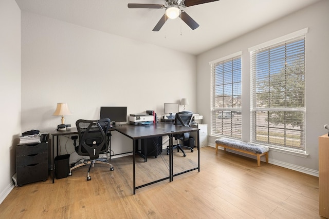 office area featuring light wood-type flooring and ceiling fan