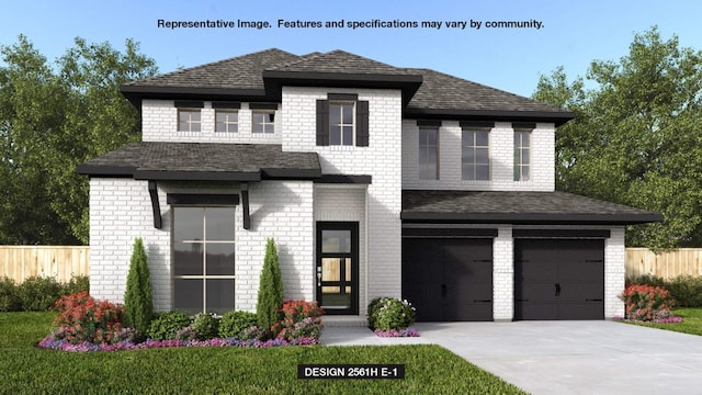 view of front of property with brick siding, fence, driveway, and an attached garage