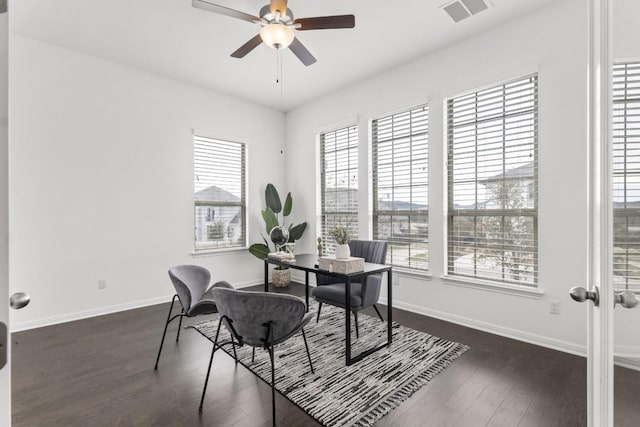 home office featuring ceiling fan, a healthy amount of sunlight, and dark hardwood / wood-style floors