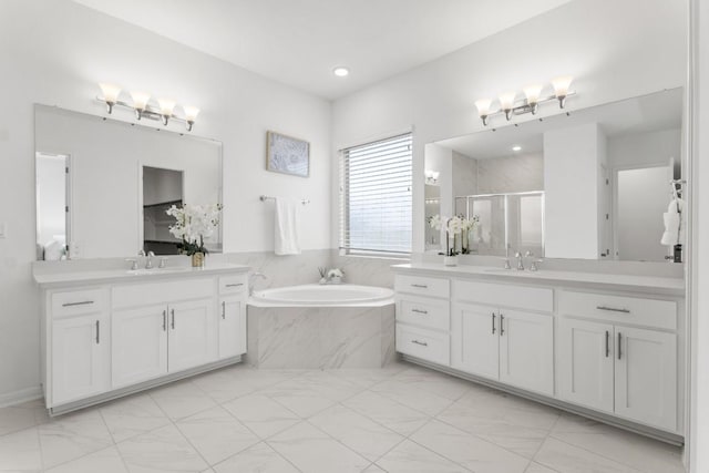 bathroom with vanity and plus walk in shower