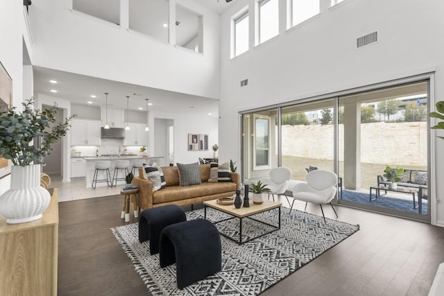 living room with a high ceiling and dark hardwood / wood-style floors