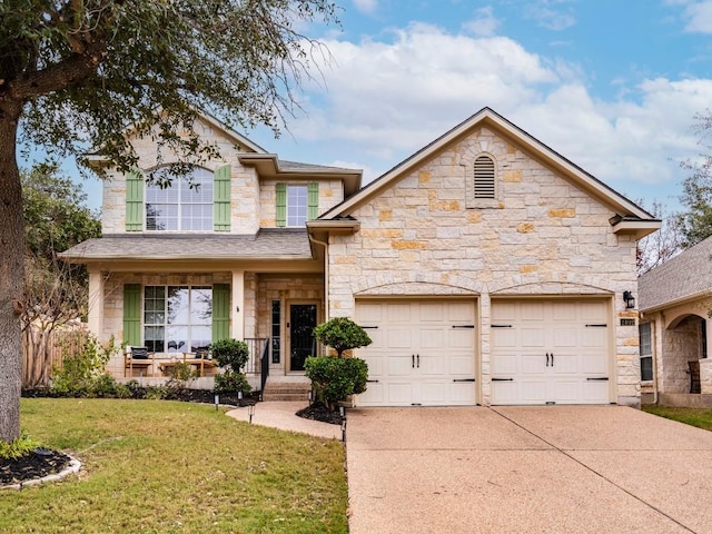 view of front of home with a garage and a front lawn