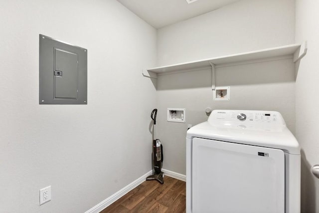 laundry area with washer / dryer, electric panel, and dark hardwood / wood-style floors