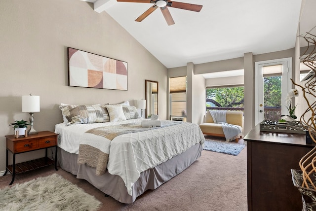 carpeted bedroom featuring high vaulted ceiling, ceiling fan, beam ceiling, and access to outside