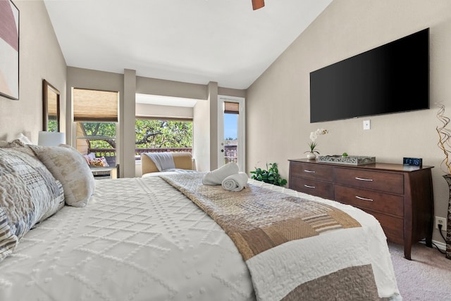 bedroom with ceiling fan, light carpet, and lofted ceiling