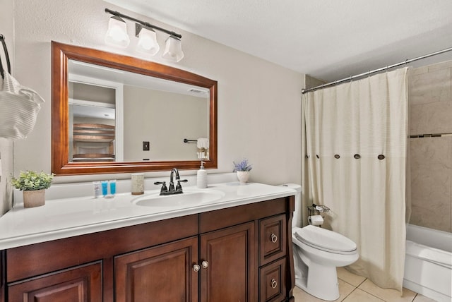 full bathroom with tile patterned floors, vanity, shower / bath combination with curtain, and toilet