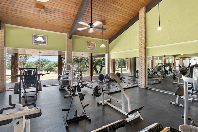 workout area featuring ceiling fan, high vaulted ceiling, and wood ceiling