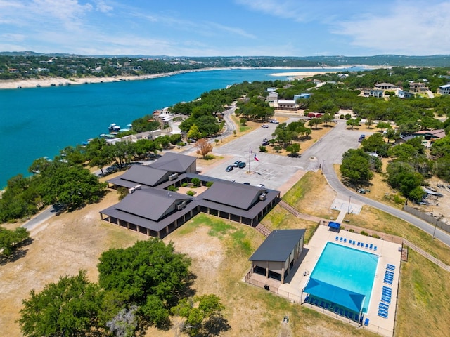 drone / aerial view with a water view