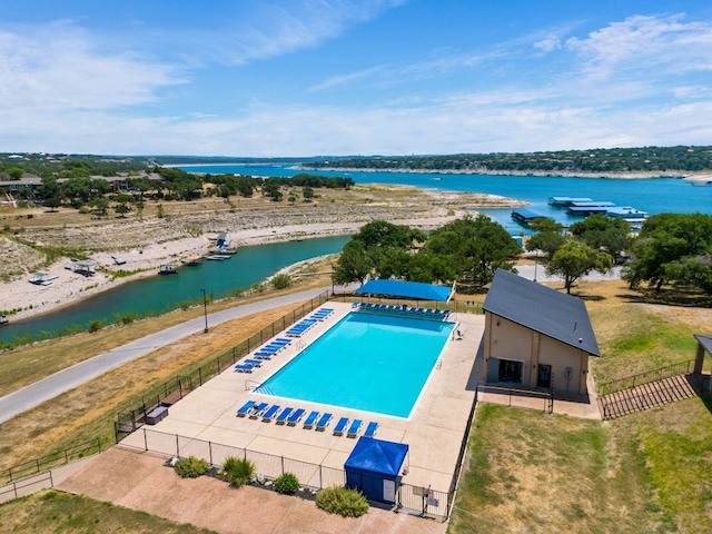 aerial view featuring a water view