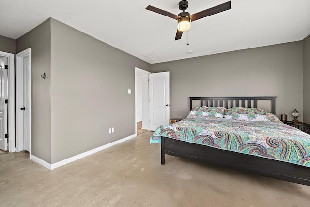 bedroom featuring ceiling fan and light carpet