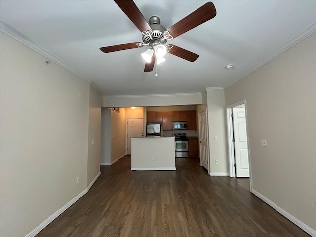 unfurnished living room featuring crown molding, a ceiling fan, baseboards, and dark wood-type flooring