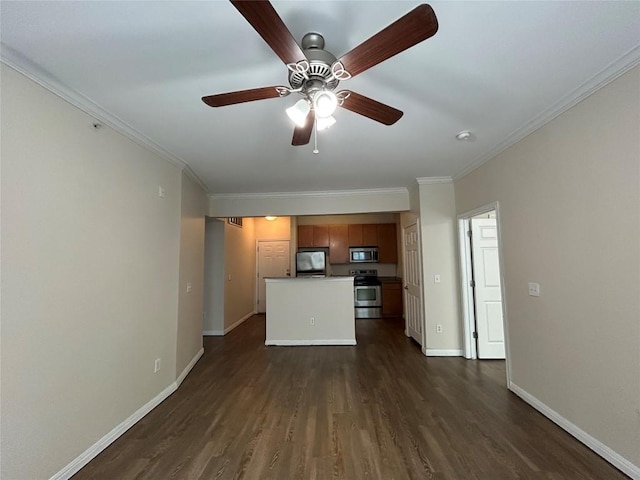 2502 Leon St Unit 317, Austin, TX 78705 - unfurnished living room featuring a ceiling fan, dark wood-style floors, and ornamental molding