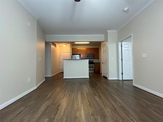 unfurnished living room with visible vents, baseboards, dark wood-style flooring, and crown molding