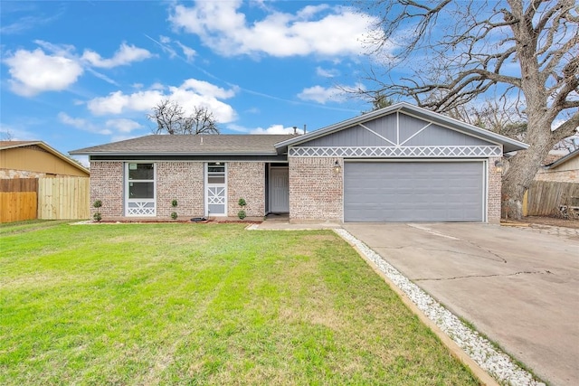 ranch-style home featuring a garage and a front lawn