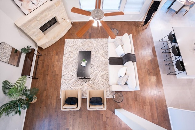 living room featuring wood walls