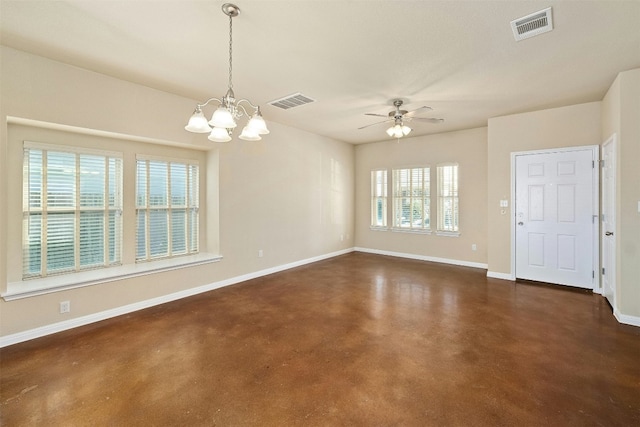 unfurnished room with ceiling fan with notable chandelier