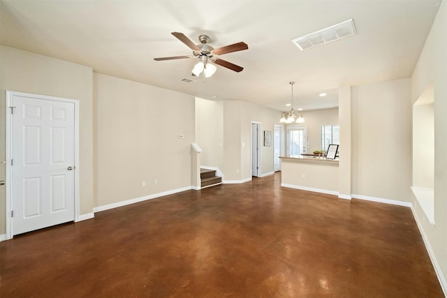 unfurnished living room with ceiling fan with notable chandelier