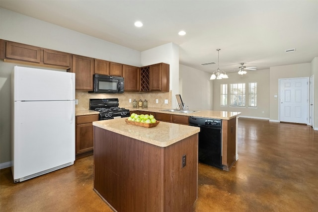 kitchen featuring black appliances, sink, hanging light fixtures, decorative backsplash, and kitchen peninsula