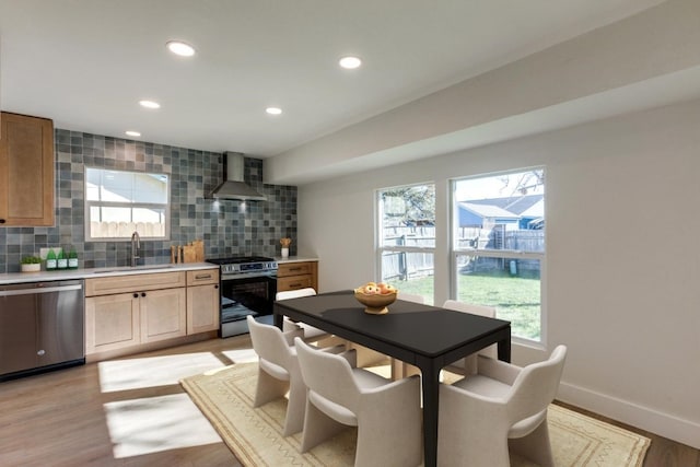 kitchen featuring decorative backsplash, sink, wall chimney range hood, and appliances with stainless steel finishes