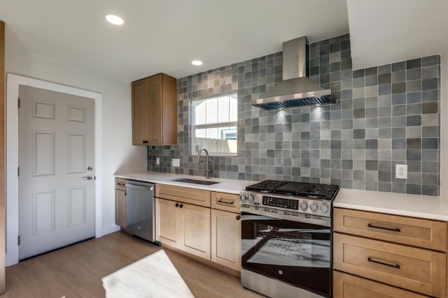 kitchen with light wood-type flooring, tasteful backsplash, wall chimney exhaust hood, stainless steel appliances, and sink