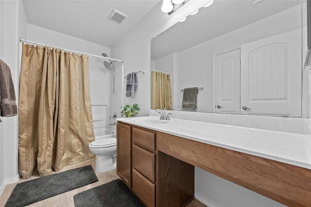 full bathroom featuring vanity, shower / bathtub combination with curtain, and toilet