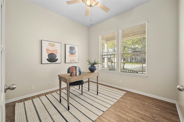 office area featuring wood-type flooring and ceiling fan