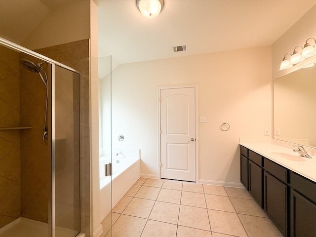 bathroom with separate shower and tub, tile patterned flooring, and vanity