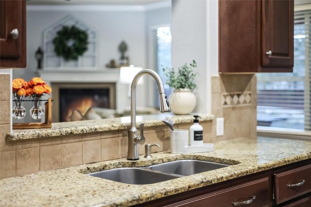 interior details with dark brown cabinets, light stone countertops, sink, and tasteful backsplash