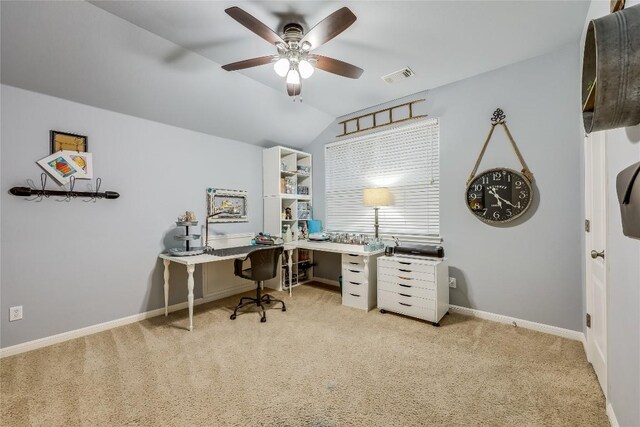 office with light carpet, ceiling fan, and lofted ceiling