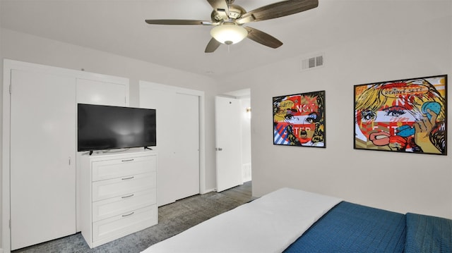 carpeted bedroom featuring ceiling fan