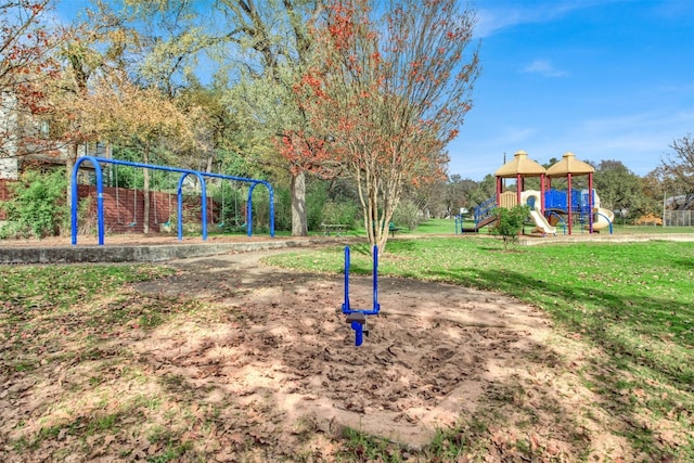 view of jungle gym with a lawn